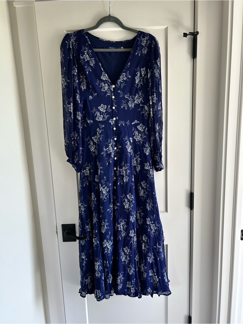 Ralph Lauren Navy Blue Floral Button-Front Long Sleeve Midi Dress